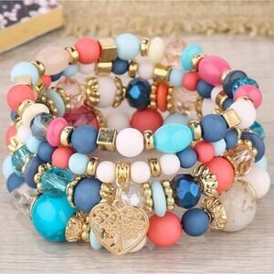 Bohemian Beaded Stretch Bracelet  with Tree of Life Charm